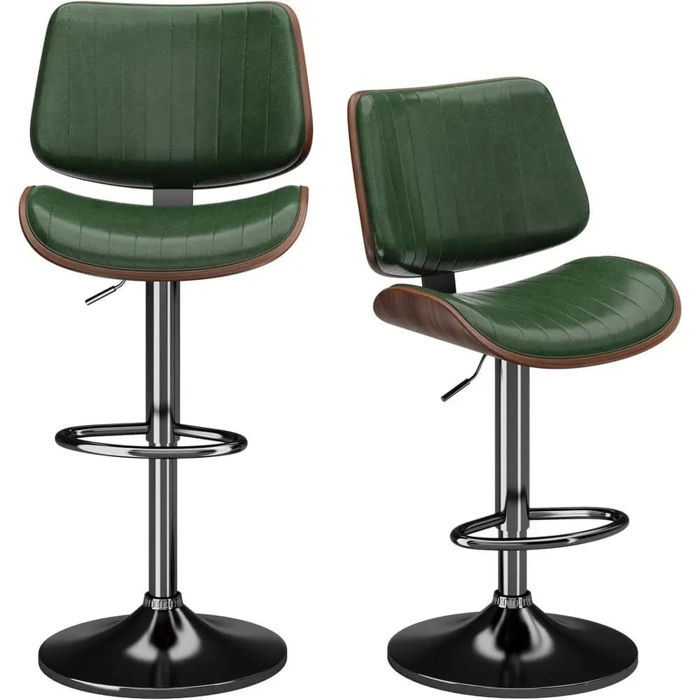 Set di 2 Sgabelli da Bar Girevoli Regolabili in Pelle PU con Schienale e Poggiapiedi per Bancone Cucina o Sala da Pranzo, Verde