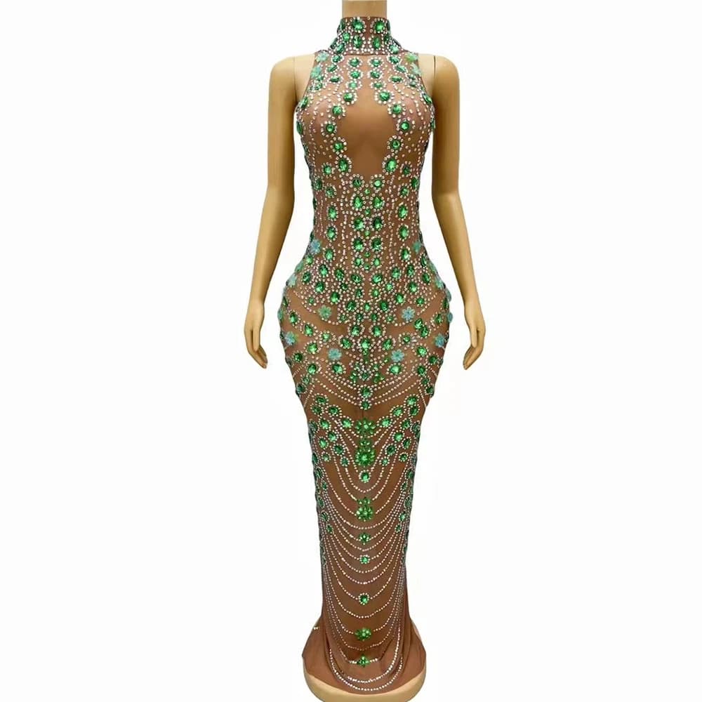 Abito da palcoscenico sexy con strass verde argento, compleanno, festeggia abiti da ballo, costume da collezione di abiti da laurea senza schienale