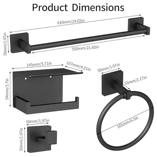 Set di accessori da bagno in acciaio inossidabile nero, 4 pezzi: portasciugamani da 24 pollici, anello rotondo, gancio e supporto per mensola