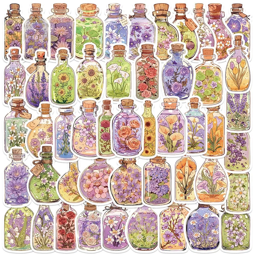 50 aesthetic stickers with cute glass bottled flowers cartoon for luggage, guitar, portable phone, vinyl decals Waterproof scratches