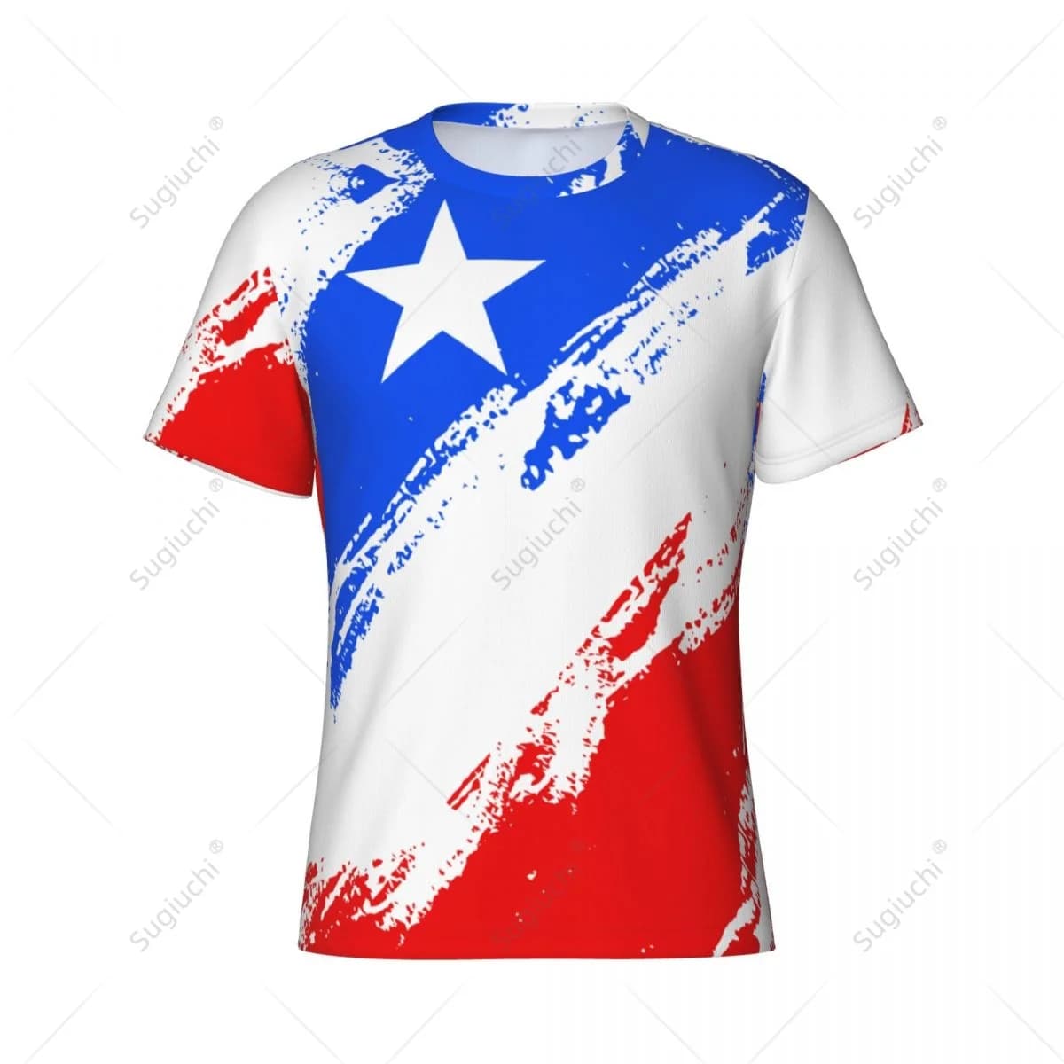 Maglietta sportiva attillata da uomo e da donna con nome personalizzato e colori della bandiera di Porto Rico per tifosi di calcio.