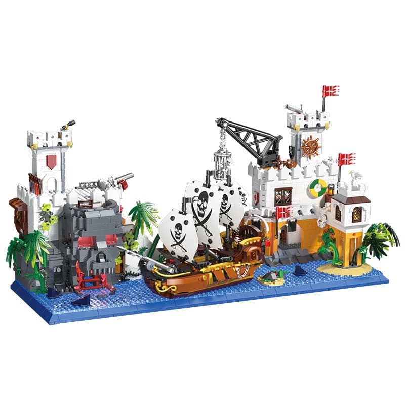 Architettura creativa Street View Mini Block Skull Island Nave pirata Baia Porta Architettura Costruisci figure di mattoni Collezione di giocattoli