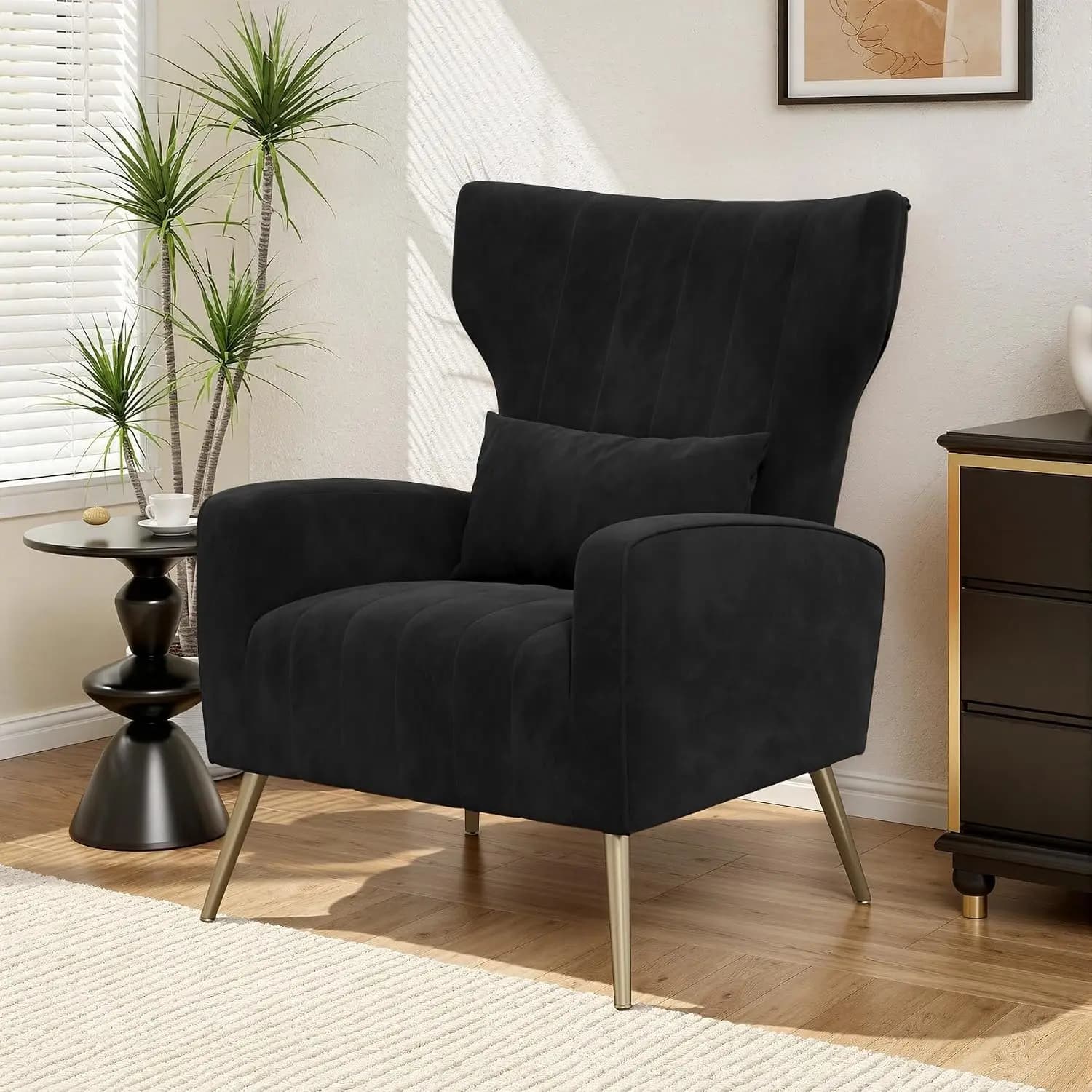 Velvet Wingback Accent Chair High Back Armchair Golden Legs Lumbar Pillow Single Sofa Living Room Bedroom, Customized