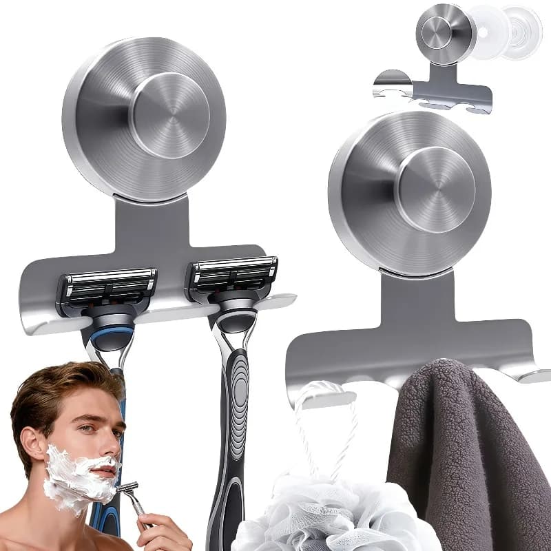 Heavy-Duty Stainless Steel Suction Cup Razor Holder for Shower - Stainless Steel Bathroom Wall Mount Utility Removable Hooks