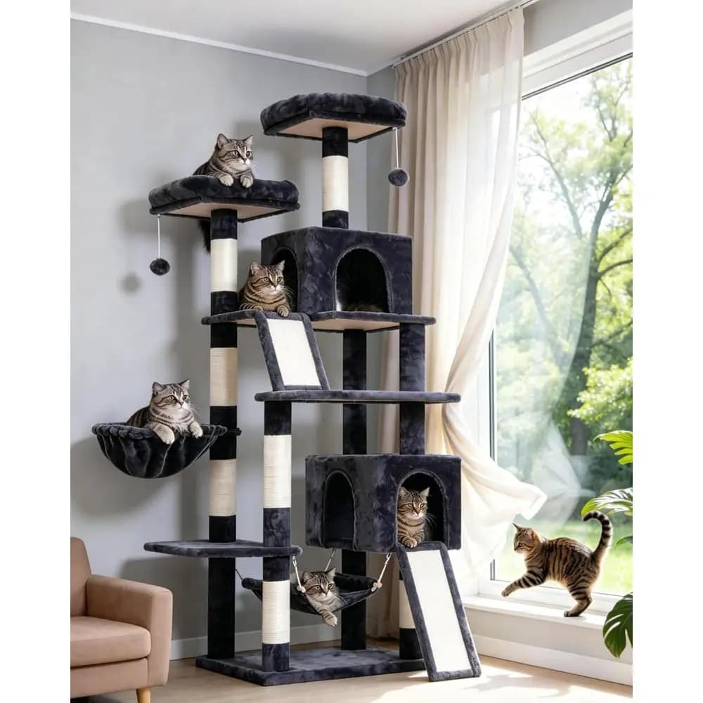 Albero per Gatti da Interno a 71 Livelli con 2 Tiragraffi, 7 Pali, 2 Posti Morbidi, Amaca - Grigio Fumo