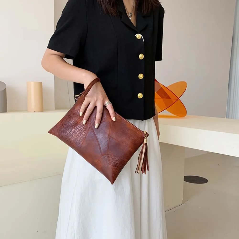 Borsa a busta con nappa, stile coreano, tinta unita, con cerniera, portamonete, pochette, borsa per piccoli oggetti, da esterno