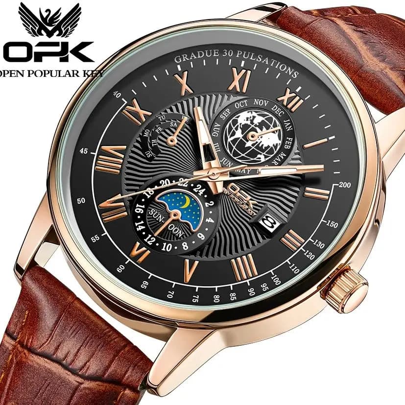 OPK 8153 Man Watch Simple Fashion Original Business Belt Quartz Wristwatches Waterproof Week Date Moon Sport Watch For Man