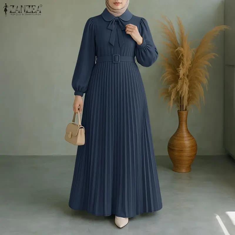 ZANZEA Moda Abito Musulmano Abaya Donna Manica Lunga Lanterna Pieghettato Vestito Estivo Con Cintura Veste Femme Abiti Da Lavoro 2025 Abiti Autunnali