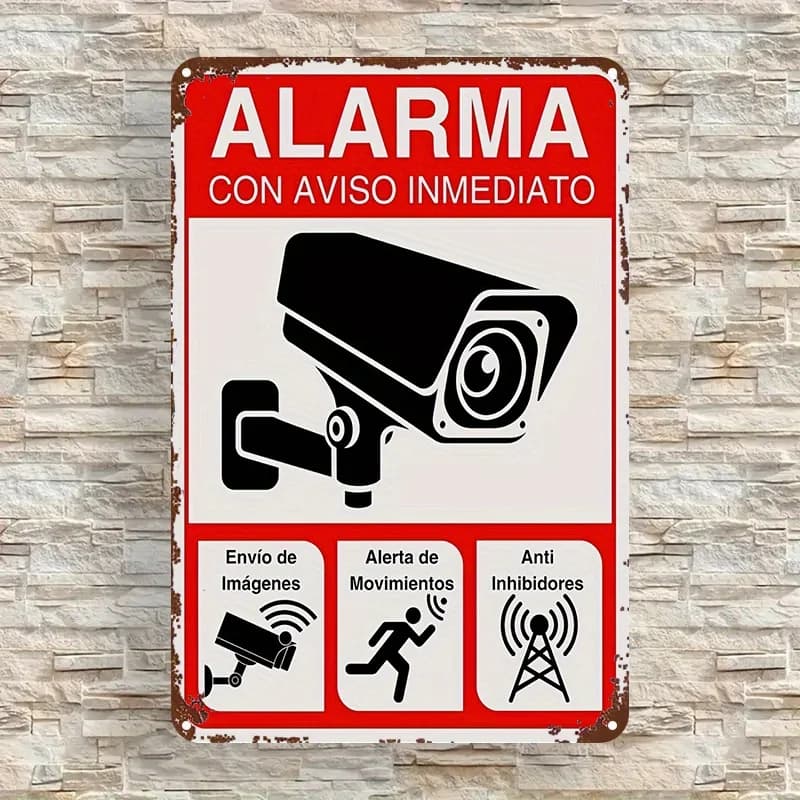 Security Camera Alarm Sign - Spanish Text Surveillance Plaque (ALARMA CON AVISO INmediato), Red/Black Security Camera Graphic