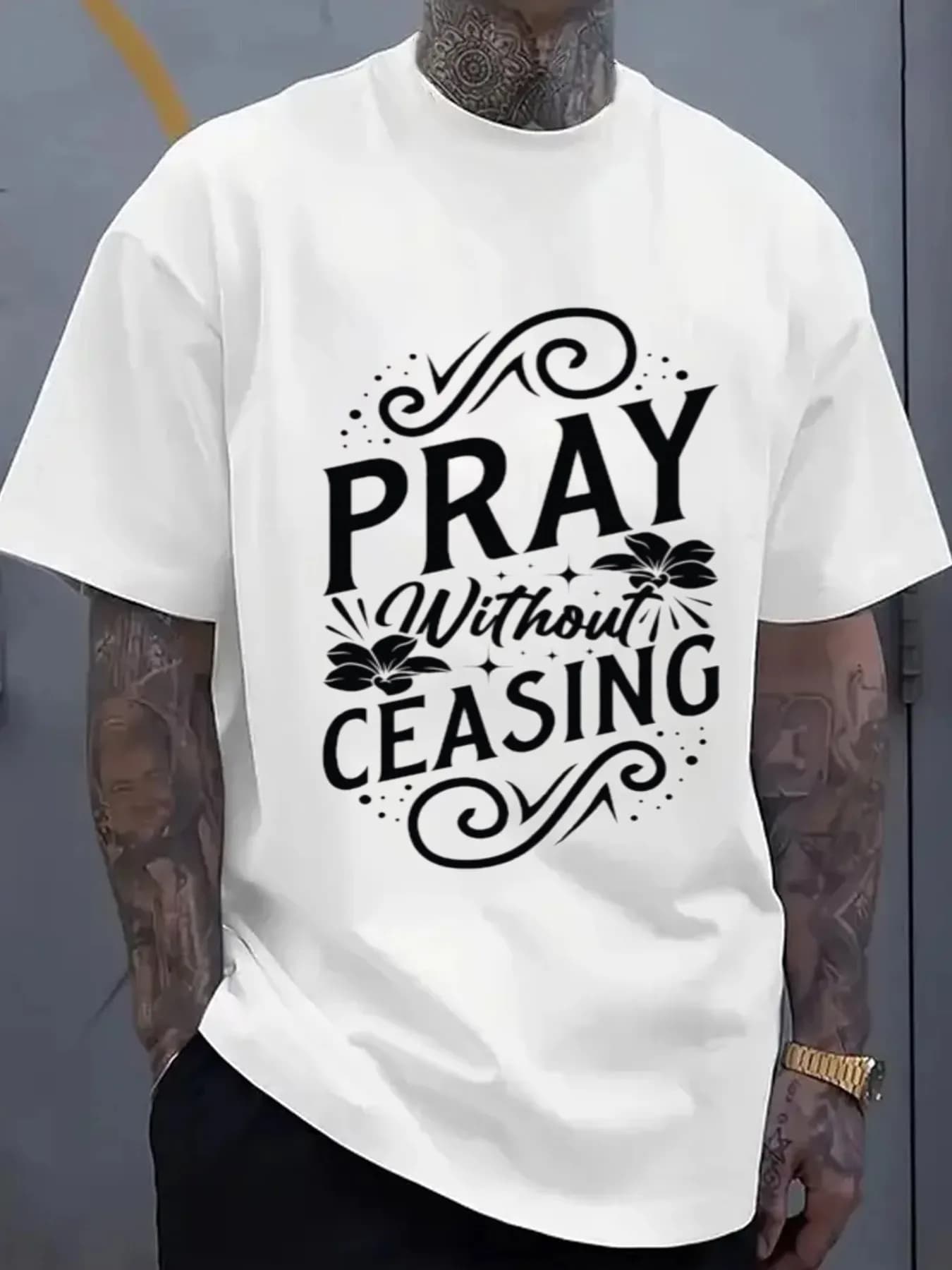 "Unceasing Prayer" Men's Printed T-Shirt White Limited Edition Casual Regular Fit Daily Comfortable Wear Convenient Casual Wear Urban Style Casual Sportswear Spring/Summer Apparel Perfect for Everyday Wear