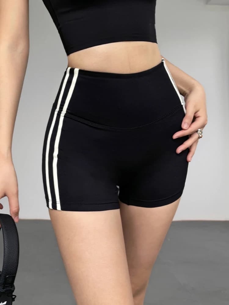 Pantaloncini da yoga con doppie strisce sui lati Leggings fitness da palestra per il controllo della pancia a vita alta per le donne
