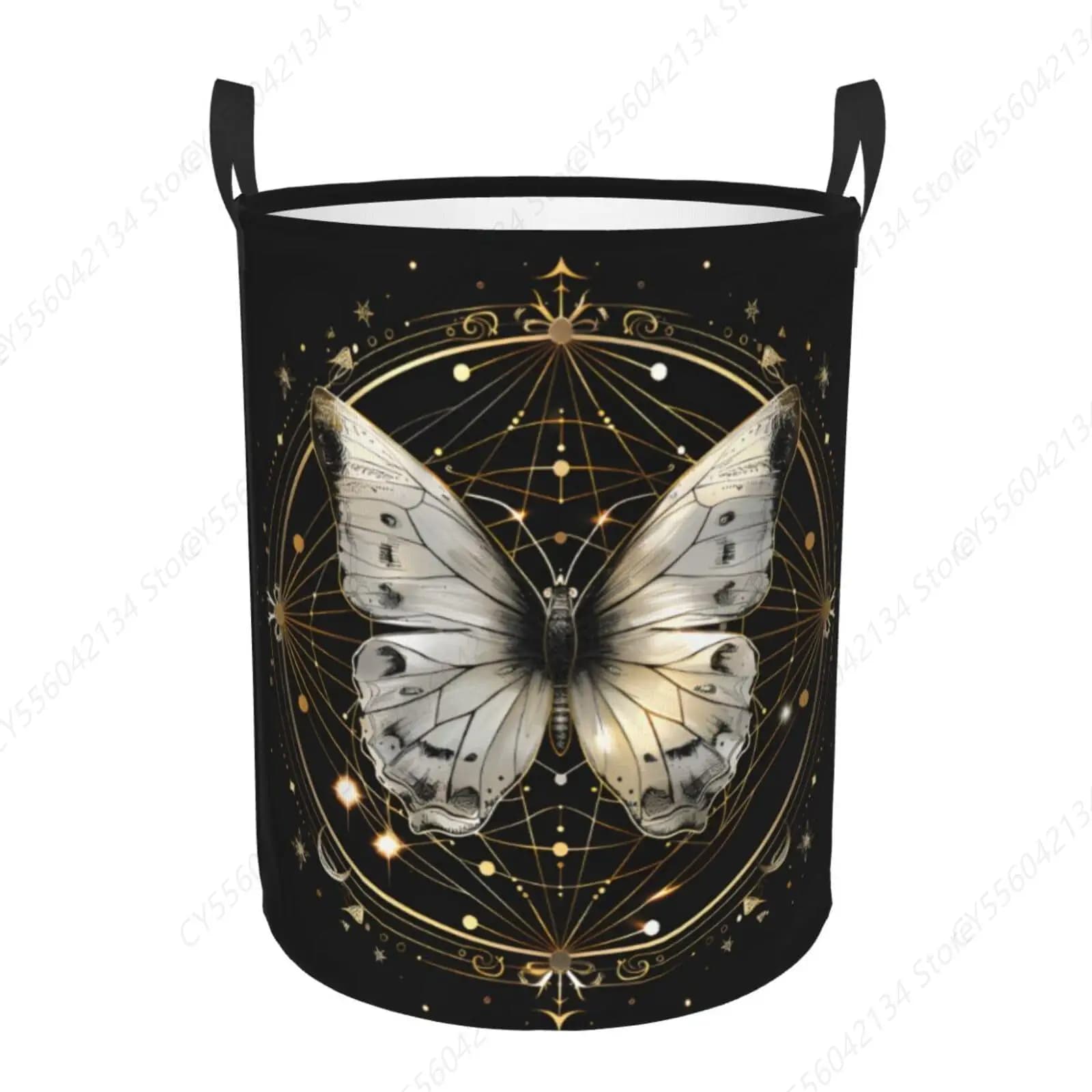 White Butterfly with Golden Circular Basket, Waterproof Candle Basket, Fabric Foldable Container, Laundry/Children Bag