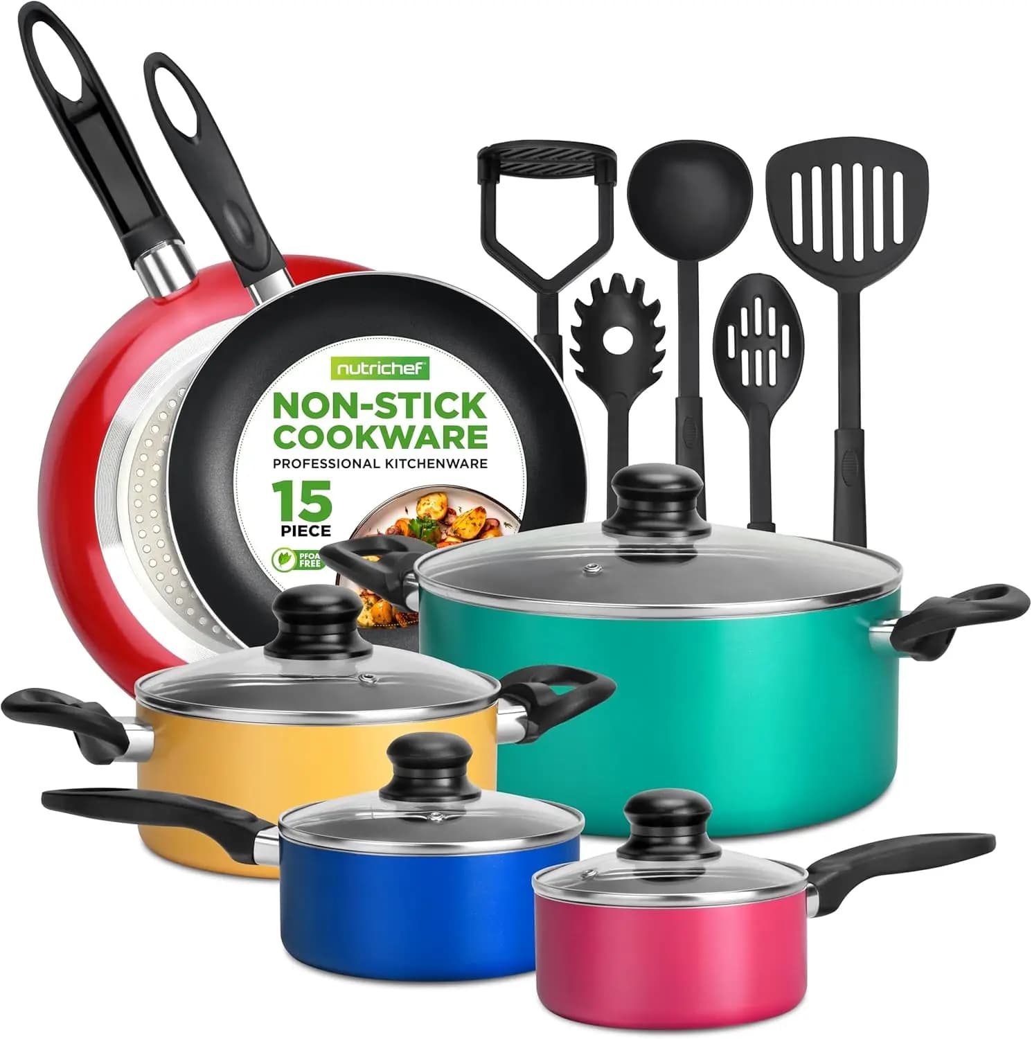 Set di Pentole Antiaderenti da 15 Pezzi, Senza PFOA/PFOS, Resistenti al Calore con Casseruola, Padelle, Pentola da Forno, Coperchi e Utensili
