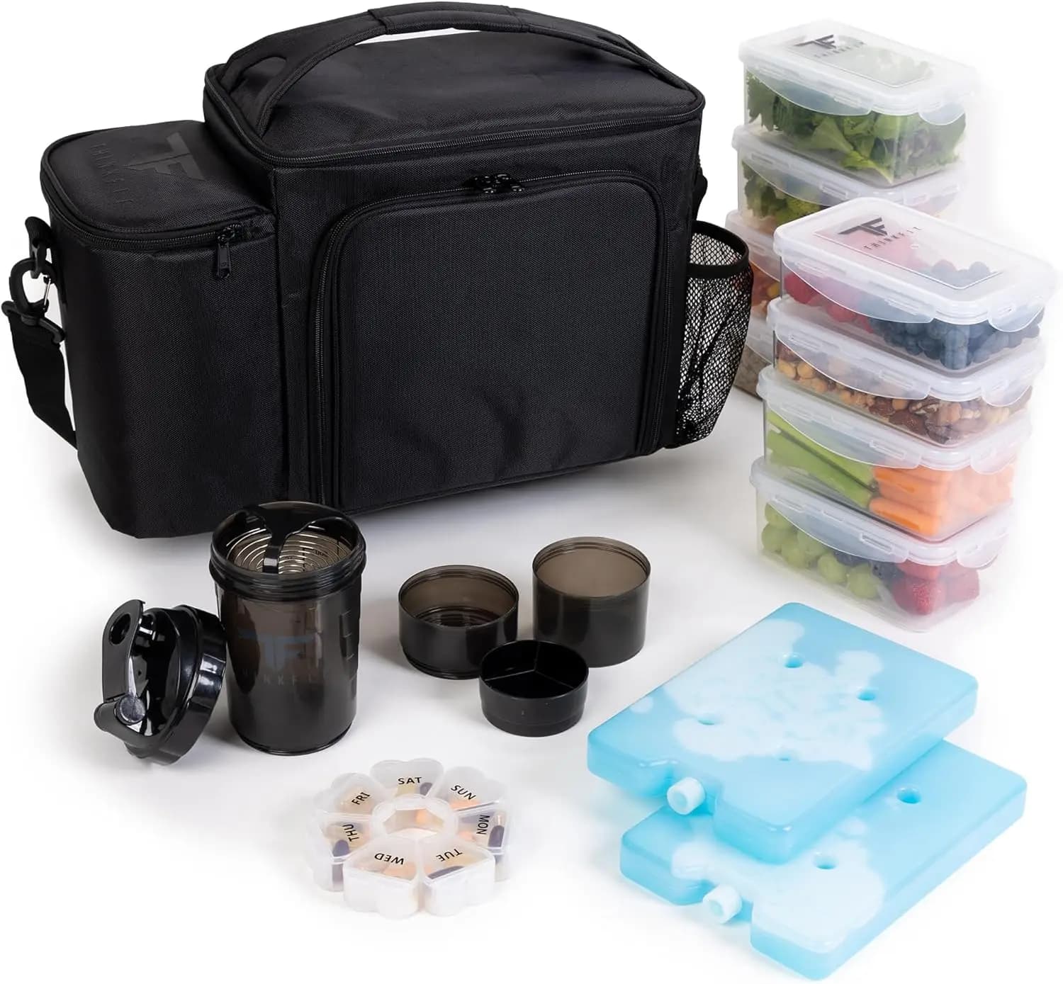 Grande borsa termica per il pranzo per la preparazione dei pasti con 8 contenitori, dispenser per pillole, tazze shaker e impacchi di ghiaccio