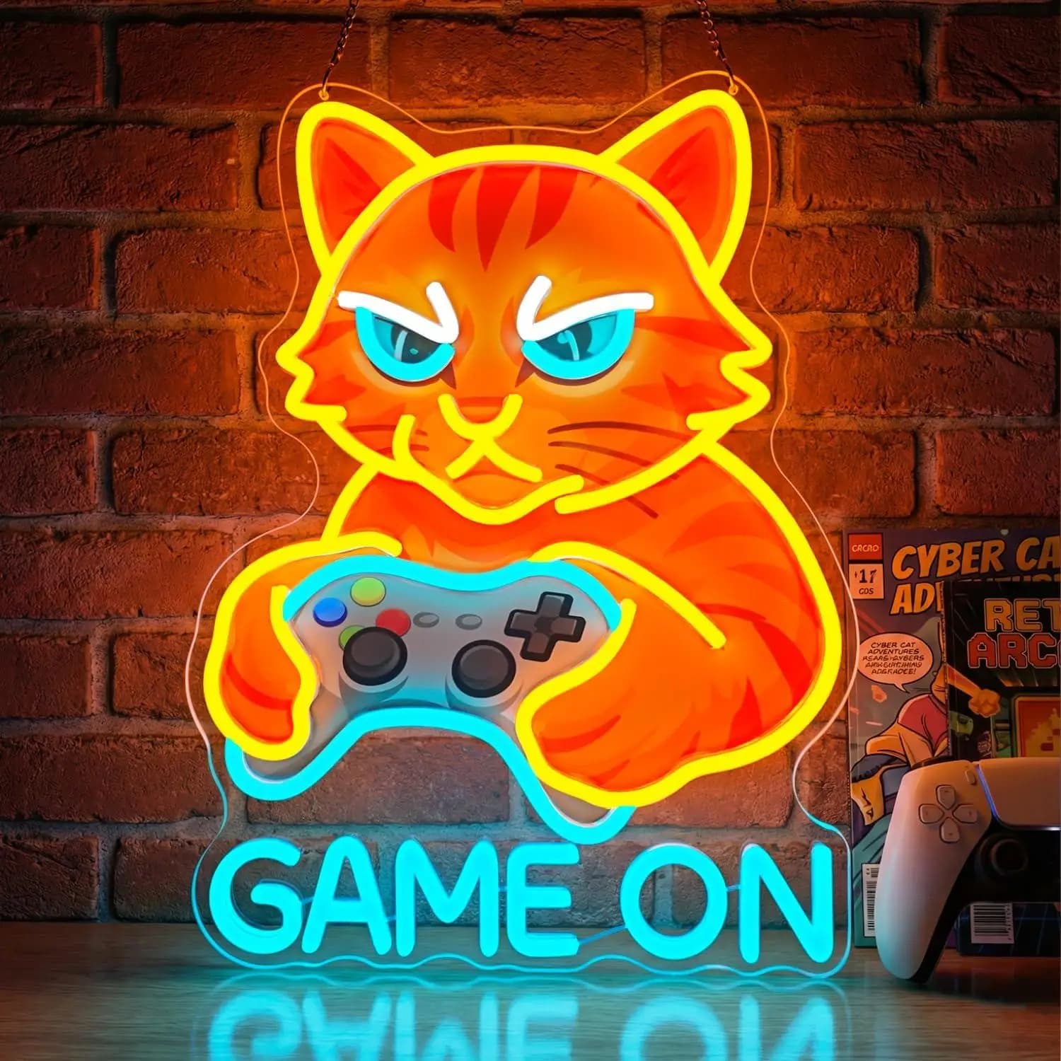 Insegna al Neon 'Game On Cat' con Luci LED Dimmerabili USB per Camera da Letto, Zona Giochi, Decorazione Sala Gaming, Regali Personalizzati per Bambini