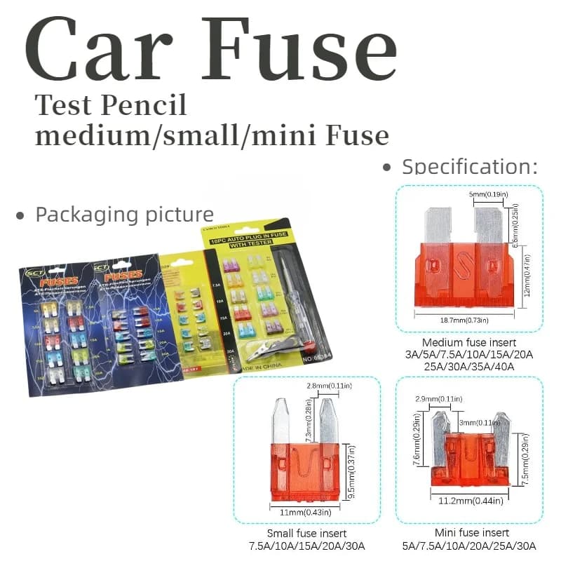 Car Fuse 32V Standard Mini Fuse insert Set 3A 5A 7.5A 10A 15A 20A 25A 30A Amp Clip Fuse for Car Truck Micro Small Test Pencil