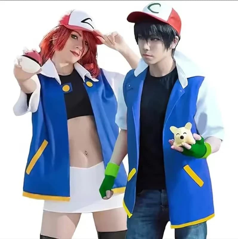 Cosplay Anime Ash Ketchum Clothes Men Blue Jacket Costume Boys Girls Cosplay for Party Trainer Cap Gloves Set