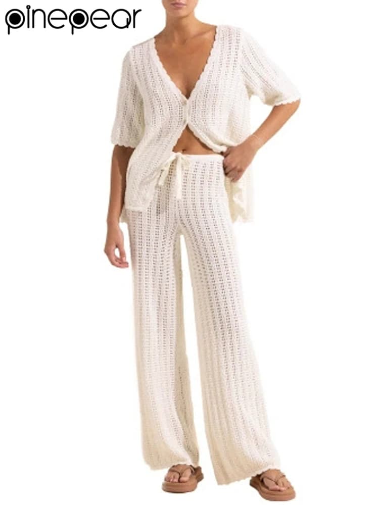 PinePear Women's Summer 2 Piece Swimsuit Cover up Crochet Knit Cardigan Tops Long Pants Set Bathing Suit Beach Outfits