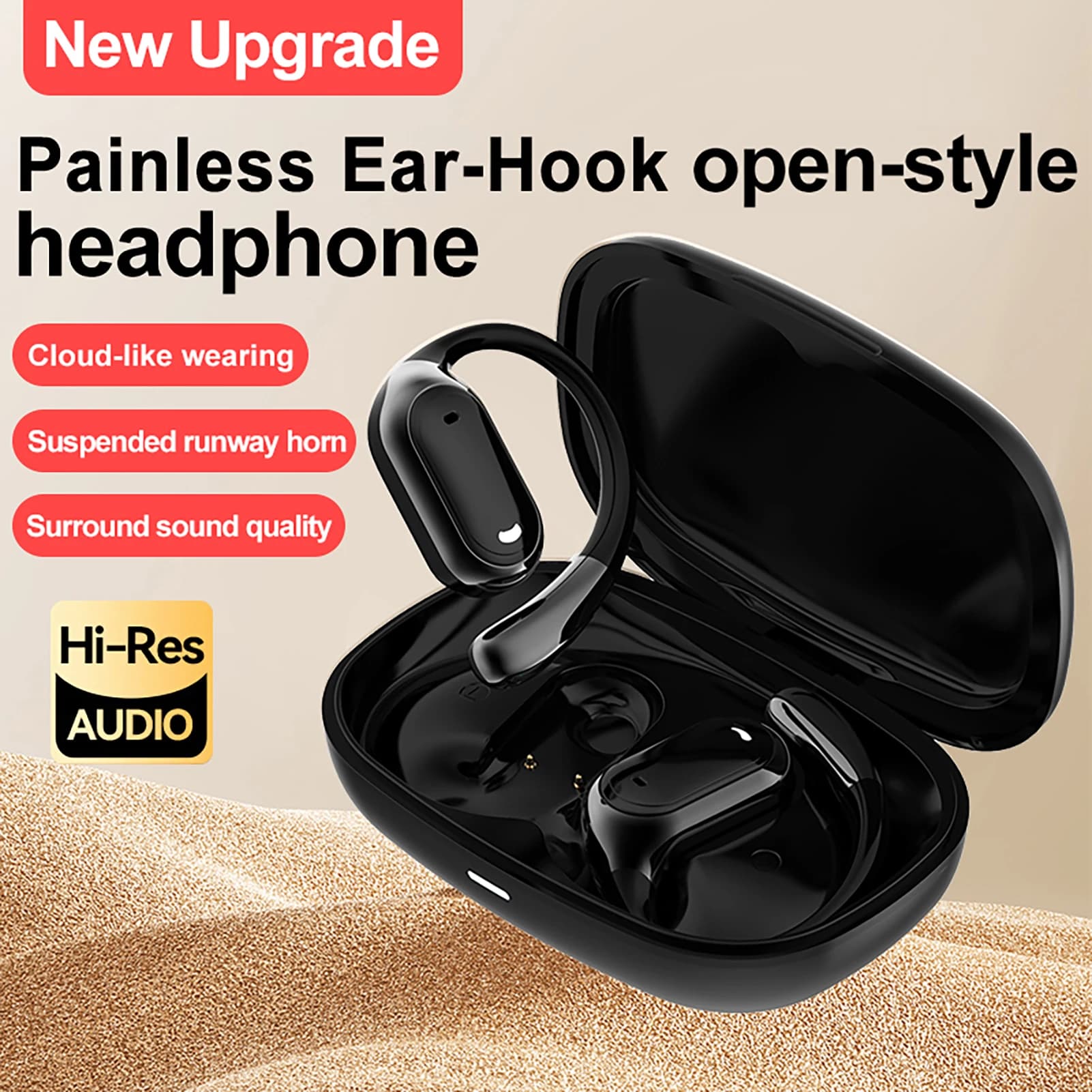 BT 5.4 wireless earphones with charging case, sports headphones with painless ear hook, music earphones, low latency gaming headphones, a