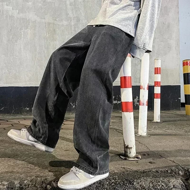 Nuovi Jeans Larghi da Uomo Stile Streetwear Coreano, Pantaloni Larghi a Gamba Dritta, Abbigliamento di Marca Maschile, Nero e Azzurro