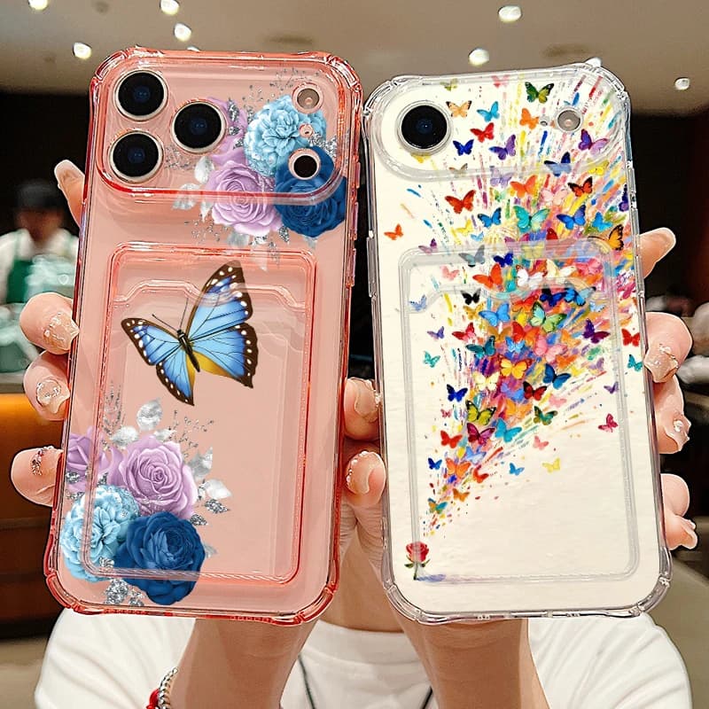 Colorful Butterfly Case For iPhone 17 Pro Max Luxury Card Slot Back Clear Soft Cover For iPhone 16 15 14 13 Pro Max 11 16e 17e