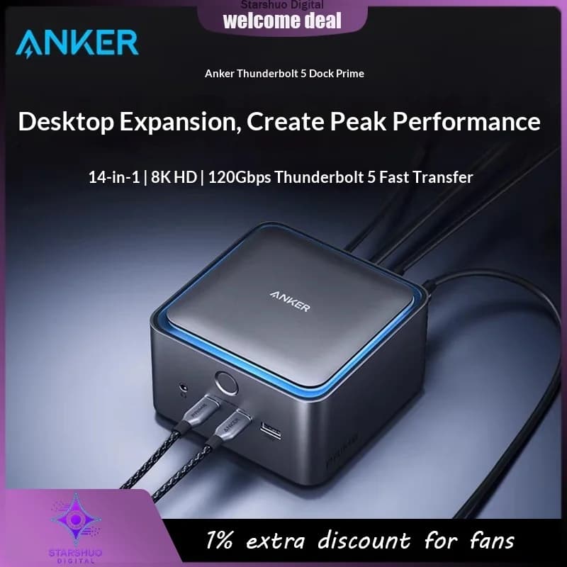 Anker Prime Thunderbolt 5 Docking Station Caricatore Desktop Doppio Display Esteso 8K a Tre Schermi Trasferimento Dati Ultra-Veloce 120 Gbps