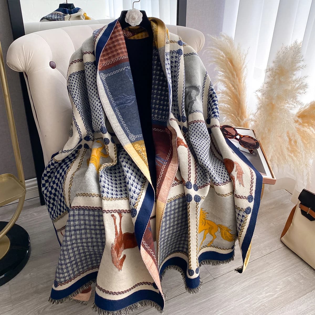 Nuove donne imitazione cashmere sciarpa con stampa cavallo su due lati morbido caldo scialle di pashmina autunno inverno coperta antivento resistente al freddo