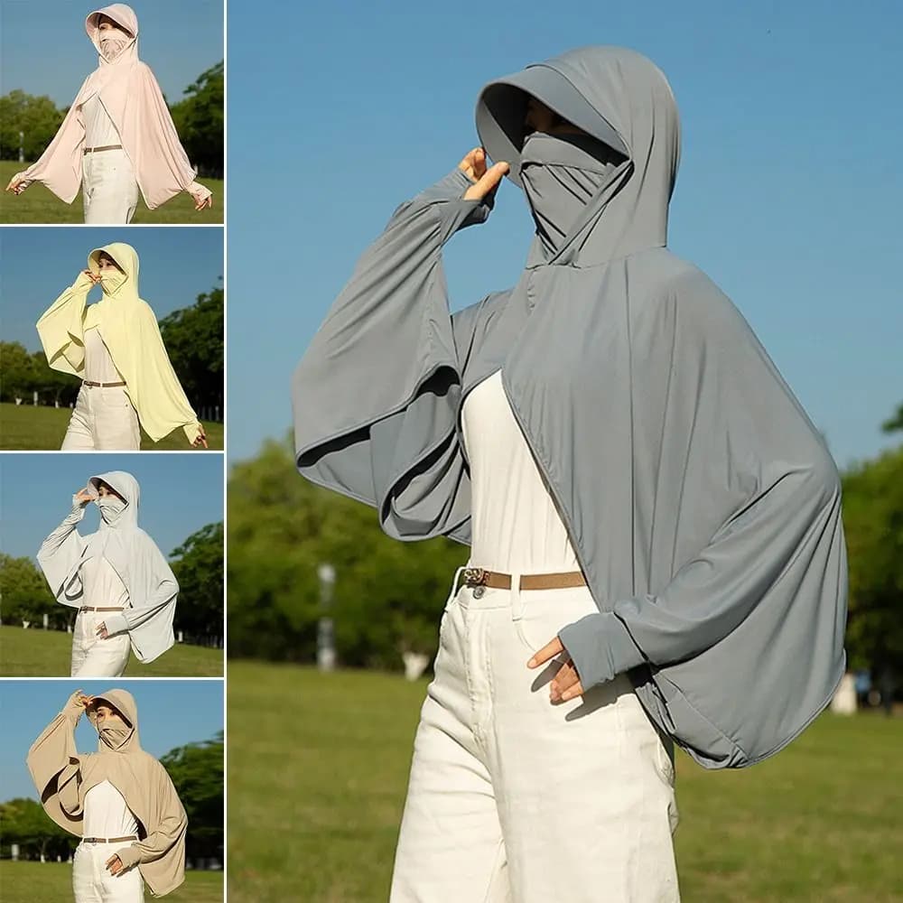 Fashionable ice silk long sleeve scarf, fast drying, breathable, anti-UV, with hood, for woman