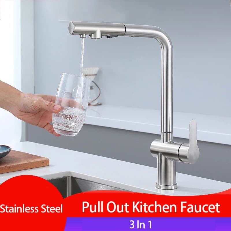Rubinetto per lavello da cucina estraibile Due modelli Ugello spruzzatore a flusso Miscelatore acqua calda fredda in acciaio inossidabile Miscelatore acqua potabile Filtro a 3 vie