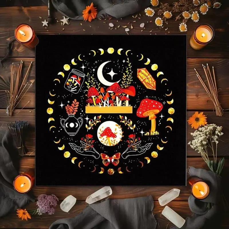 VIKAMA Moon Phase Red Mushroom Tarot Card Tablecloth Mysterious Divination Altar Cloth Ceremony Table Mat Background Cloth