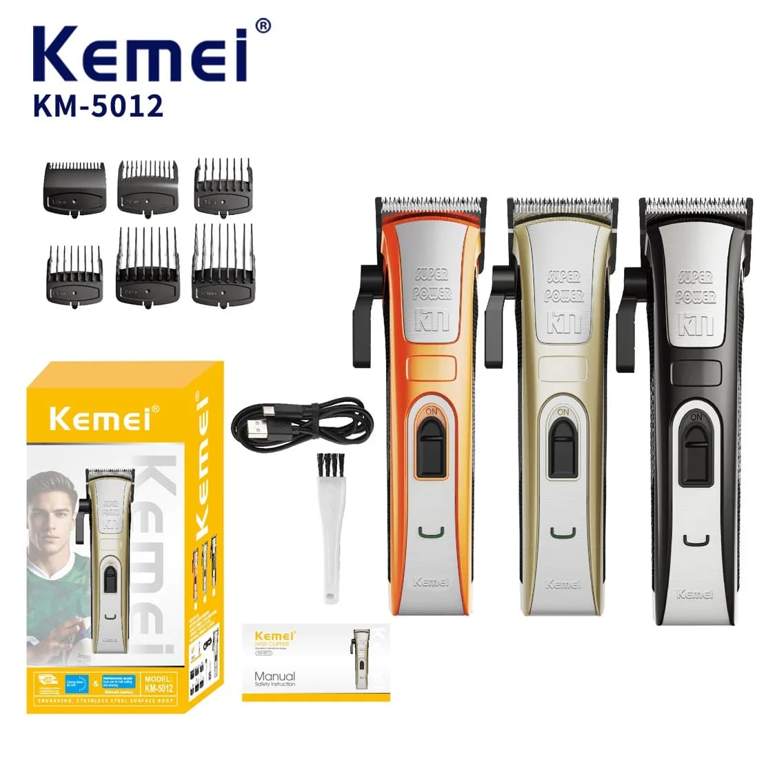 Kemei KM-5012 Professional Hair Clipper 1200mAh Electric Hair Clippers USB Rechargeable Hair Trimmers Hair Cutting Machine
