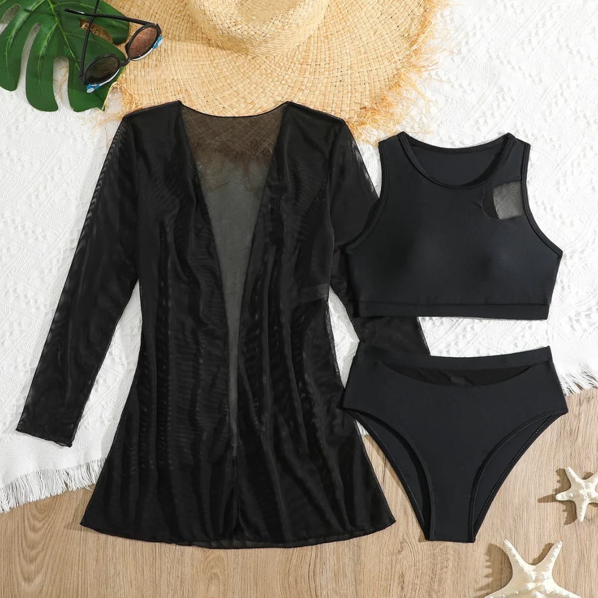 Girls 3pack Black Life Bikini High Waist Swimsuit for Kids Kimono 7-12 Years Swimwear for Kids 2024 Teenage Swimwear with High Collar Summer
