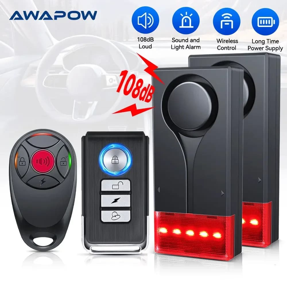 Awapow Allarme a vibrazione antifurto per auto wireless 108 dB con telecomando leggero Sistema di sicurezza domestica per porte e finestre