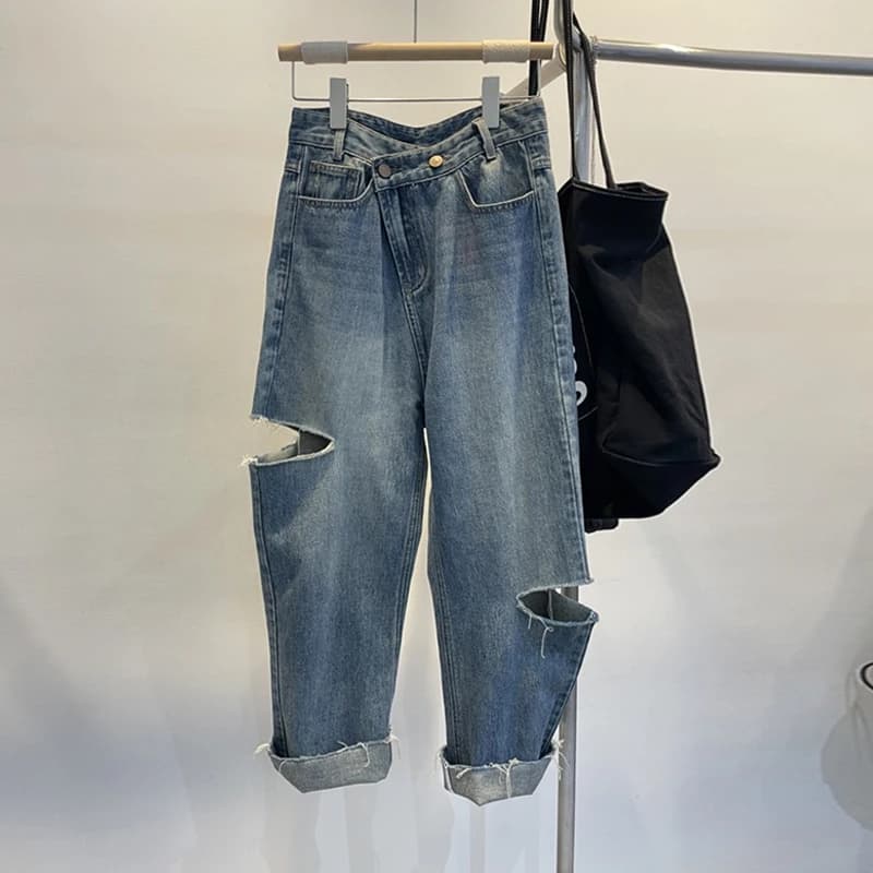 Summer Women's Snapped Jeans Ankle Pants with Hinge High Waist Korean Denim Pants Women's Blue loose casual fashion