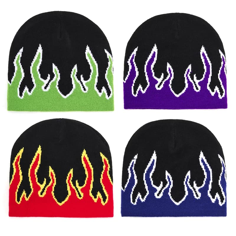 2023New Winter Outdoor Caldo Ago Berretto lavorato a maglia Modello di fiamma Cappello di lana Cappello di teschio di strada Cappello di cotone anti-freddo Hip-Hop Cofano Caps