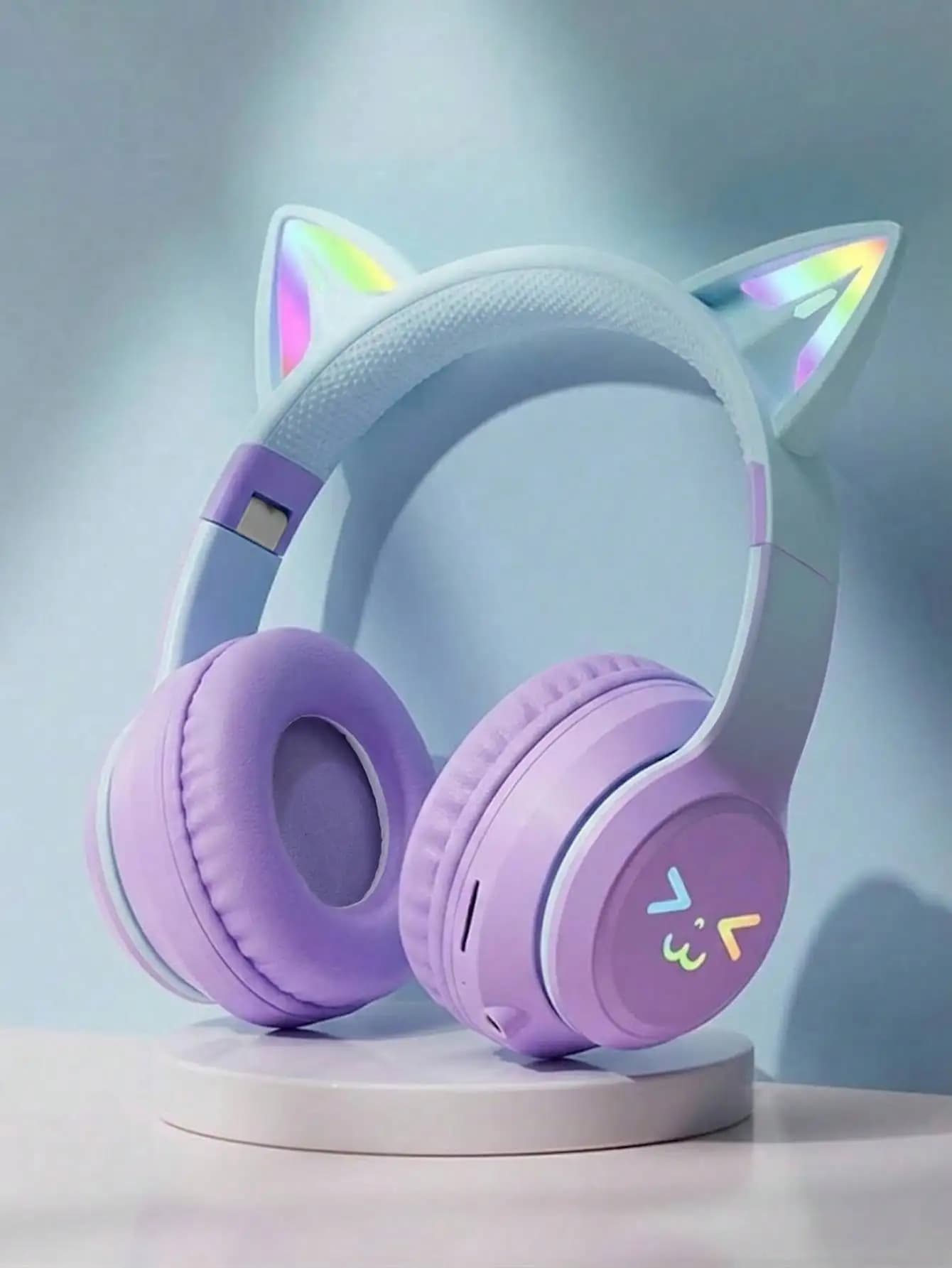Cuffie wireless luminose a forma di orecchie di gatto, cuffie stereo HiFi con microfono, cuffie pieghevoli, viola sfumato