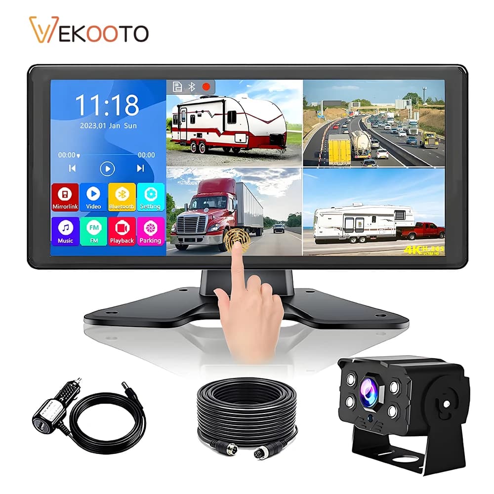 Monitor DVR MP4 con Schermo Diviso 10.36" 4CH, Registratore 1080P AHD, Telecamera Anteriore e Posteriore, Sistema di Sicurezza MP5 per Camion, Autobus, Rimorchi e Furgoni