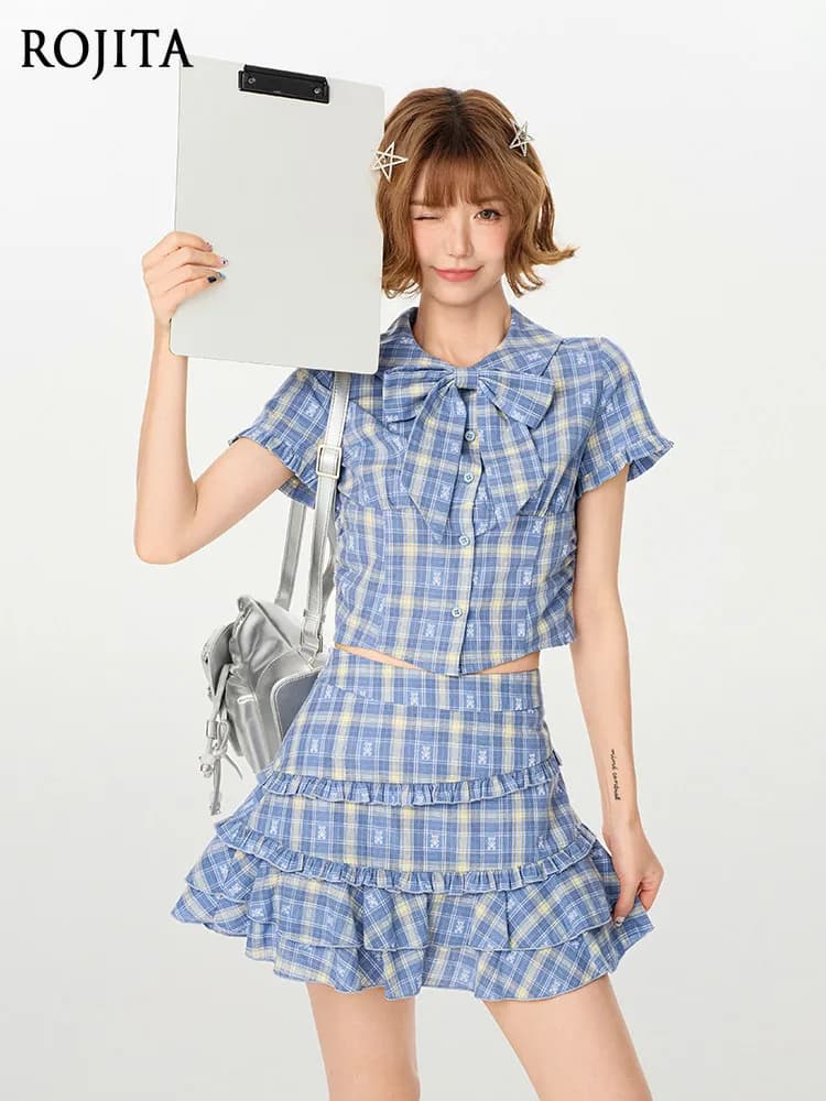 Set Estivo Y2K Preppy a Quadri Blu, Top Corto e Minigonna con Volant, Design Spice Girl, Camicia a Maniche Corte e Gonna per Donna