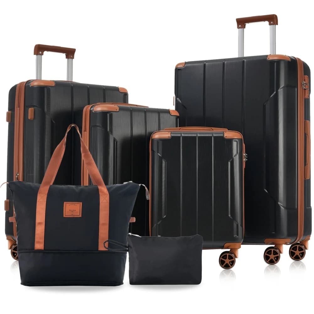 Hardshell Luggage Sets 6 Piece Suitcase Set, Expandable Lightweight Suitcases with Dual Wheels, TSA Lock for Men Women, Black Brown