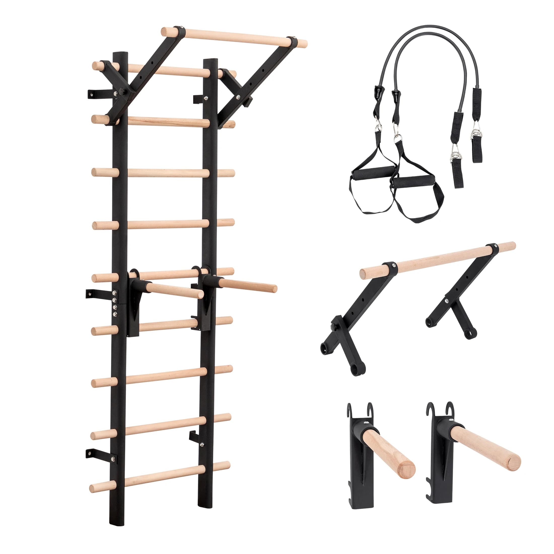 Wall Mounted Swedish Ladder Set, Adjustable Pull‑Up Bar & Detachable Dip Bars with Exercise Straps, Beech Wood Stall Bars for Home Gym Strength & Rehab Training, 286 lbs Max Capacity
