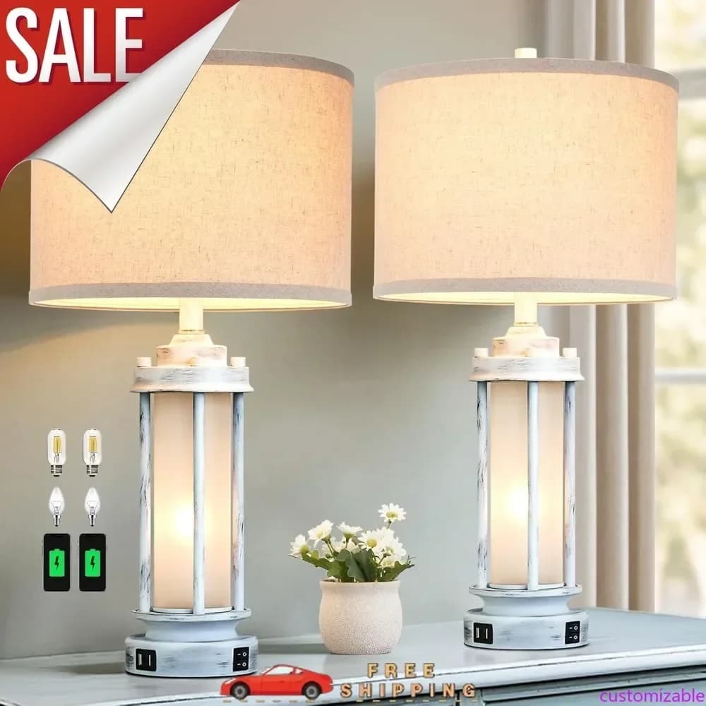 Set di 2 Lampade da Tavolo Rustiche Personalizzabili da 25 Pollici, Lampade da Comodino Vintage con 2 Porte USB, Lampada da Scrivania Bianca Anticata Stile Fattoria con