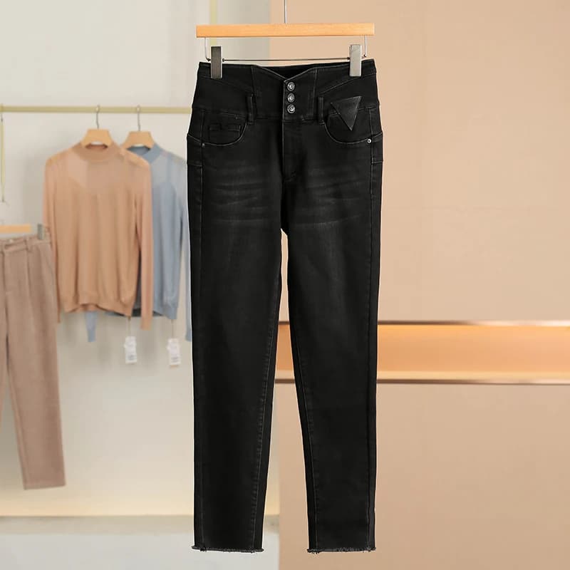 Jeans Slim Fit a Vita Alta con Fodera in Pile e Fibra di Viscosa, Moda Femminile Primaverile, Nuovi Shorts Casual Estivi con Bottoni