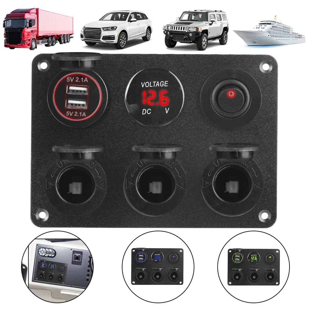 Interruttore a Levetta con Presa Accendisigari e Presa di Alimentazione per Auto, Nautica, Camper, Caricatore USB Doppio, Voltmetro LED, Pannello Multiplo 4.2A 12V