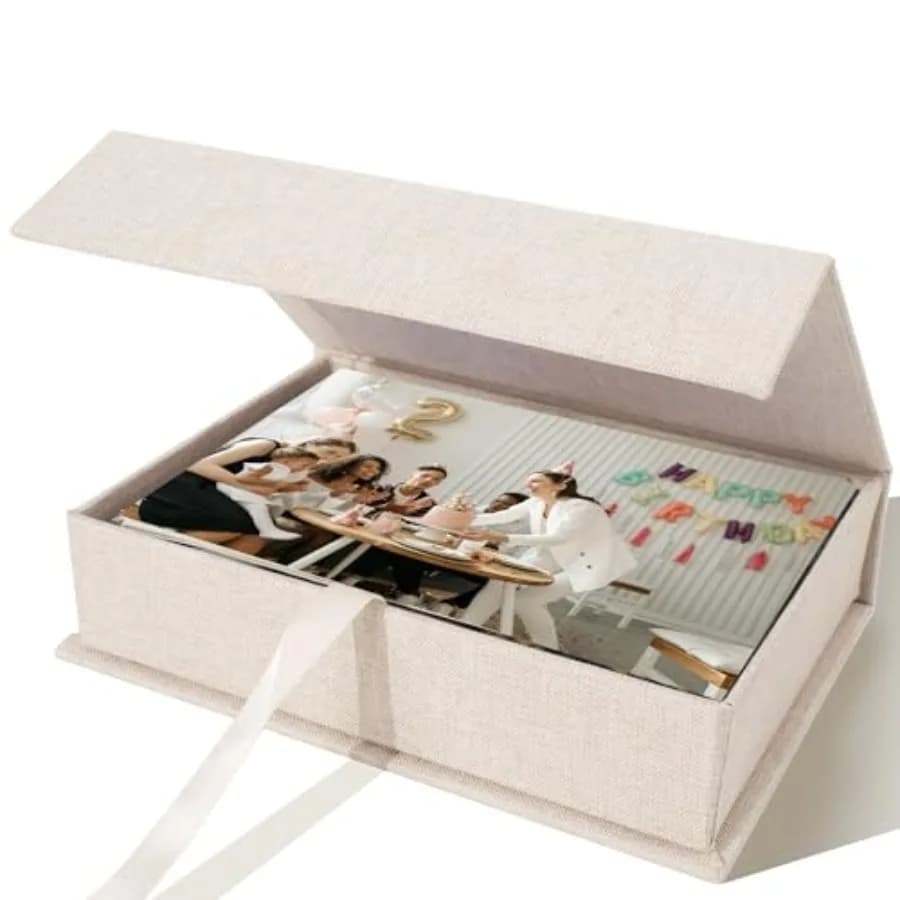 Photo Storage Box for Photos, Acid-Free Organizer Box with Lid, Linen Archival Memory Keepsake Box for Pictures, Postcards, Inv