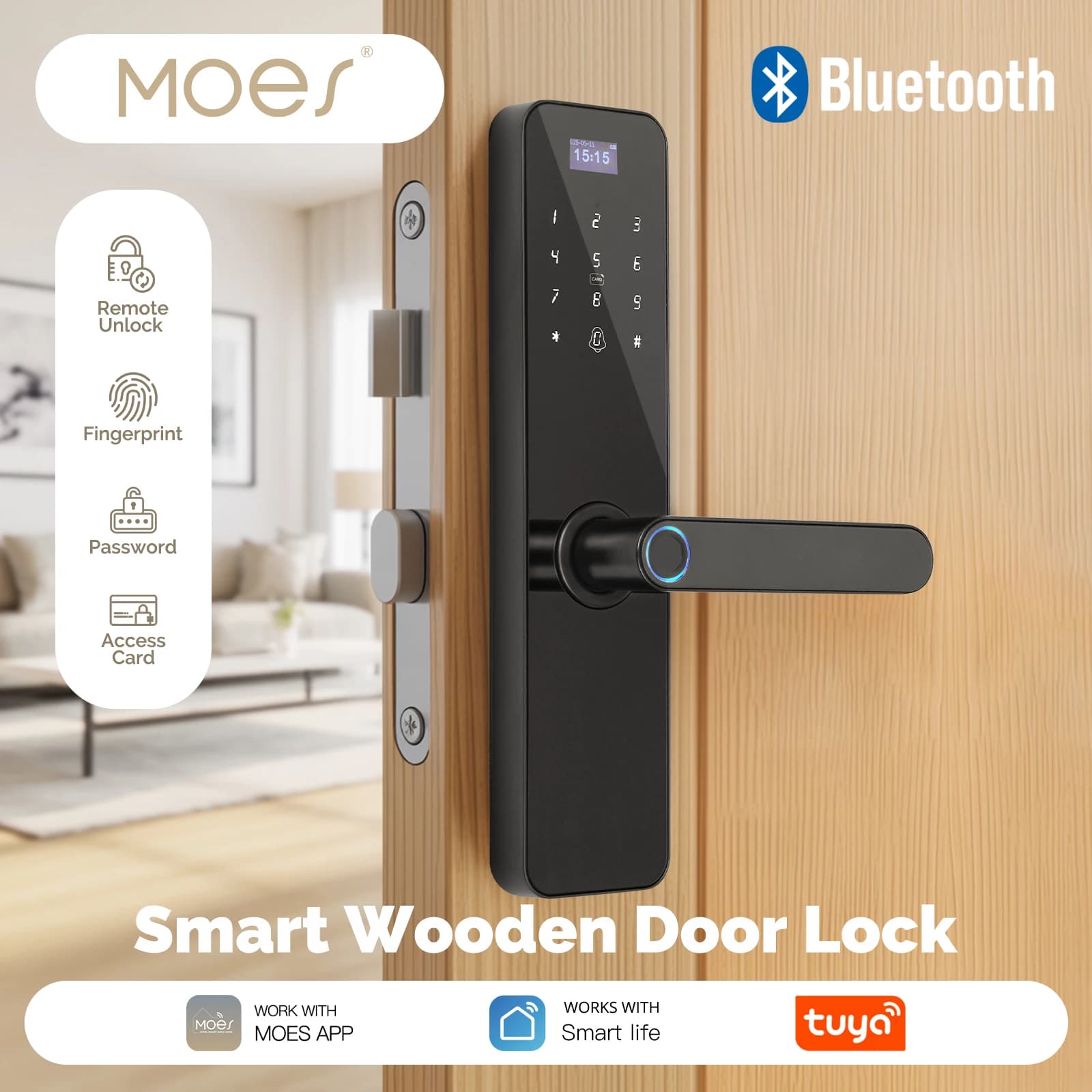 MOES Bluetooth Smart Serratura per porta in legno Password interna Impronta digitale Sblocco remoto Tastiera con schermo Allarme antimanomissione Alimentato a batteria
