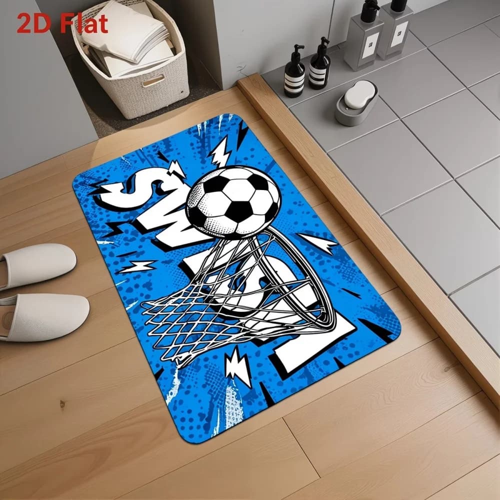 Tappetino antiscivolo a tema basket e calcio blu neon, adatto per sala giochi, area domestica, uso quotidiano, decorazione per la casa