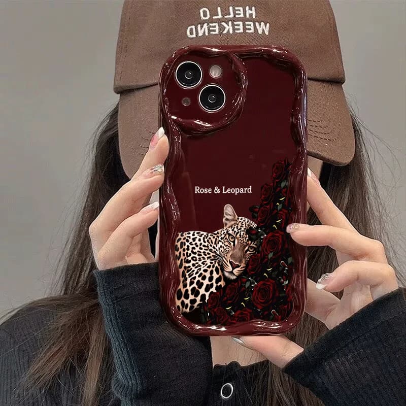 Fashion Rose Leopard Pattern Phone Case For iPhone 11 12 13 14 15 16 Pro Plus 16e 17e 17Pro Max Wavy-Edge Shockproof Soft Cover