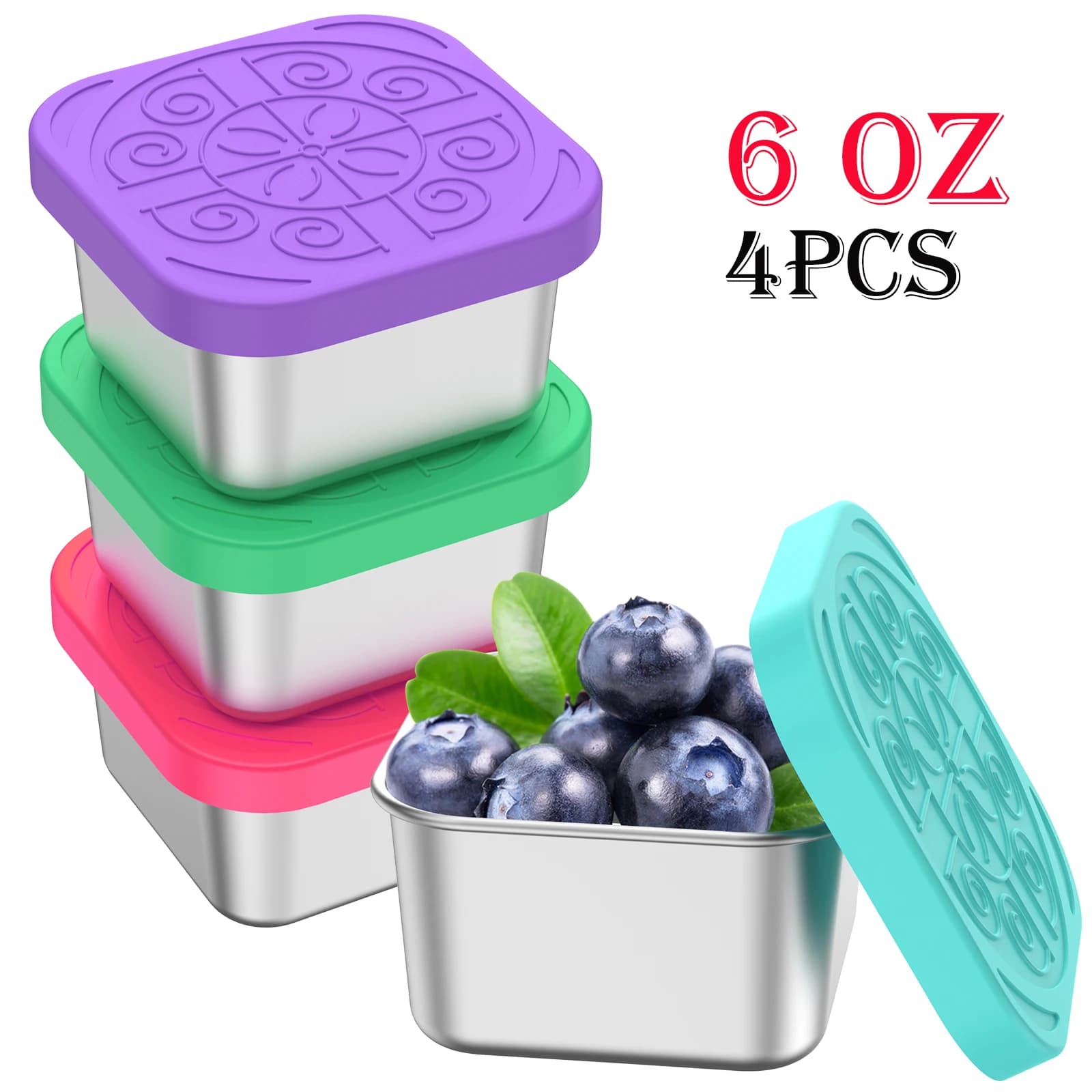 Set di 4 Contenitori per Snack da 2/6 oz in Acciaio Inox con Coperchi in Silicone, Ermetici, Portatili e Impilabili, per Conservazione di Alimenti e Condimenti