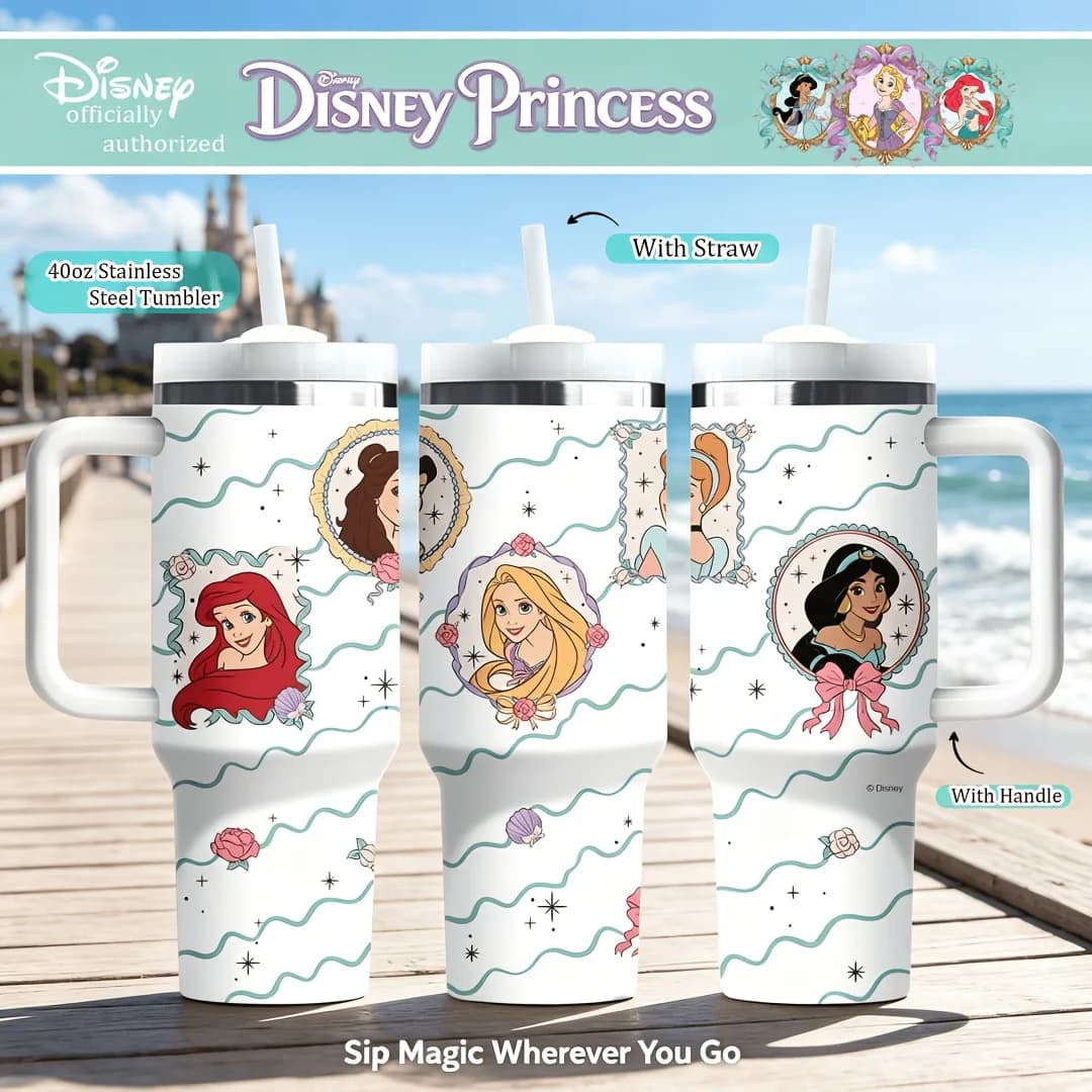 1pc 40oz Disney Princess Wavy Floral Stainless Steel Water Bottle Insulated Tumbler with Handle Straw for Car Camping Outdoor