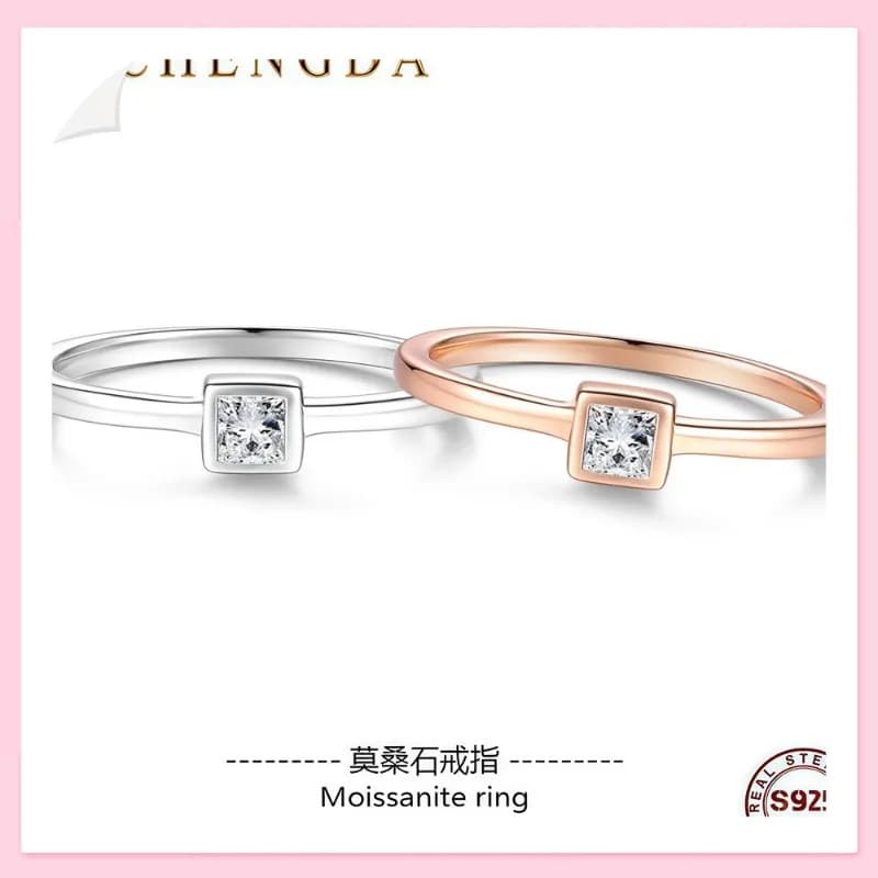Anello in Argento Sterling Placcato Oro Champagne con Diamante Quadrato Moissanite Chengda Jewelry - Stile Lusso Leggero per il Pendolare, Spedizione Gratuita